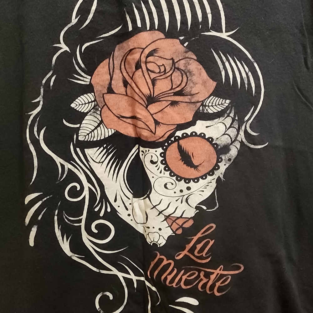 Torrid Black Tee with Rose and Skull Design